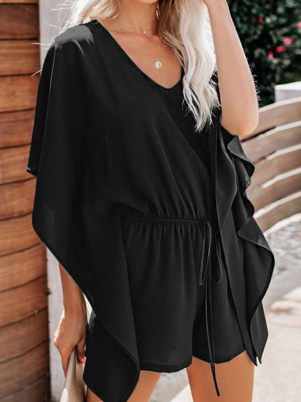 CD | Femeii temperament pantaloni scurți europene și americane culoare solidă V-neck talie înaltă cravată vrac jumpsuit