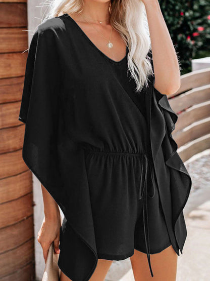 CD | Femeii temperament pantaloni scurți europene și americane culoare solidă V-neck talie înaltă cravată vrac jumpsuit