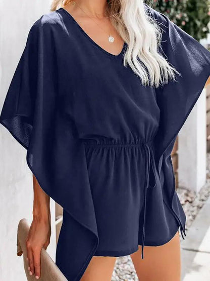 CD | Femeii temperament pantaloni scurți europene și americane culoare solidă V-neck talie înaltă cravată vrac jumpsuit