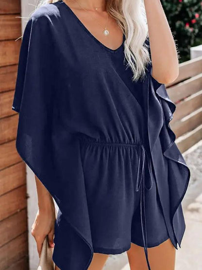 CD | Femeii temperament pantaloni scurți europene și americane culoare solidă V-neck talie înaltă cravată vrac jumpsuit