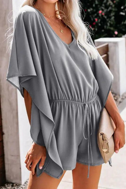 CD | Femeii temperament pantaloni scurți europene și americane culoare solidă V-neck talie înaltă cravată vrac jumpsuit