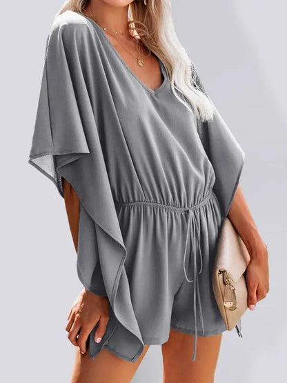 CD | Femeii temperament pantaloni scurți europene și americane culoare solidă V-neck talie înaltă cravată vrac jumpsuit