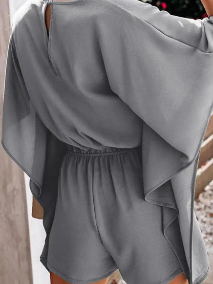 CD | Femeii temperament pantaloni scurți europene și americane culoare solidă V-neck talie înaltă cravată vrac jumpsuit