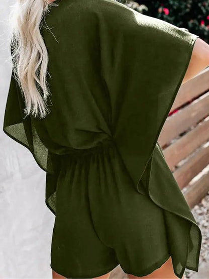 CD | Femeii temperament pantaloni scurți europene și americane culoare solidă V-neck talie înaltă cravată vrac jumpsuit