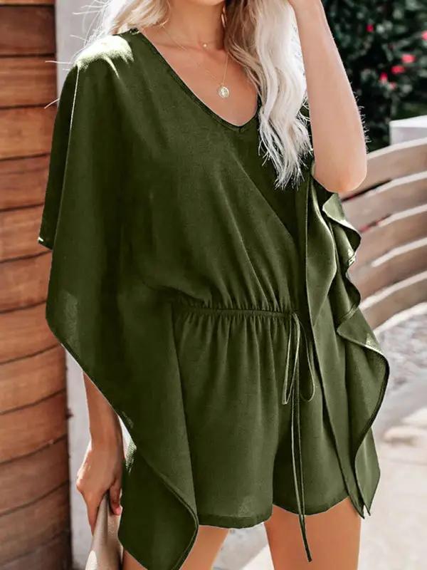 CD | Femeii temperament pantaloni scurți europene și americane culoare solidă V-neck talie înaltă cravată vrac jumpsuit