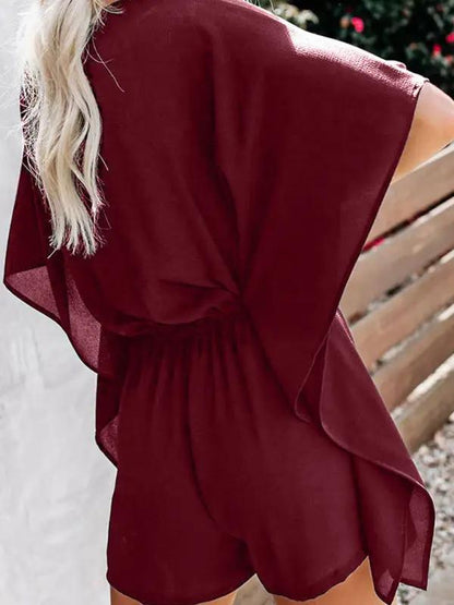 CD | Femeii temperament pantaloni scurți europene și americane culoare solidă V-neck talie înaltă cravată vrac jumpsuit