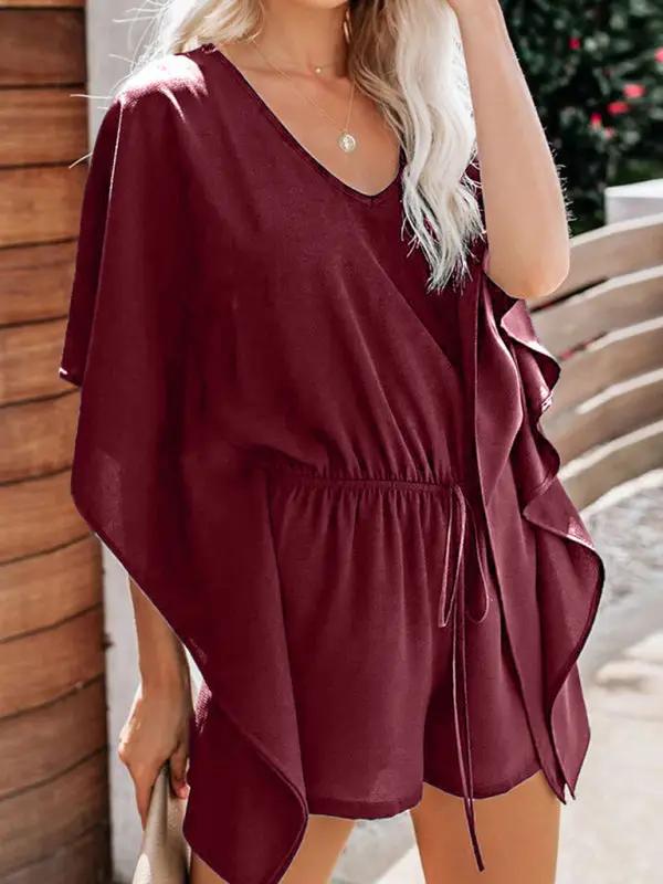 CD | Femeii temperament pantaloni scurți europene și americane culoare solidă V-neck talie înaltă cravată vrac jumpsuit