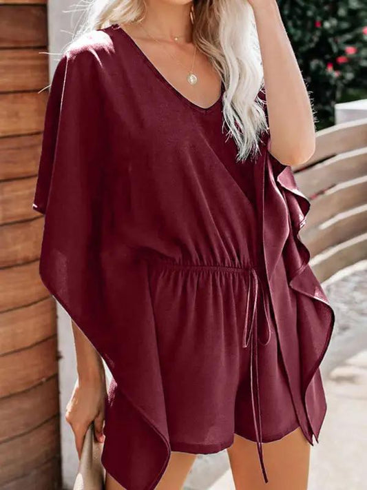 CD | Femeii temperament pantaloni scurți europene și americane culoare solidă V-neck talie înaltă cravată vrac jumpsuit