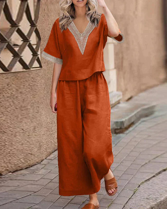 CD | Bluză elegantă cu decolteu în V și pantaloni elegant set pentru femei