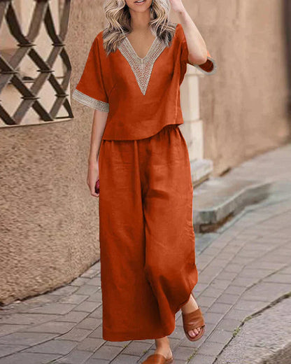 CD | Bluză elegantă cu decolteu în V și pantaloni elegant set pentru femei
