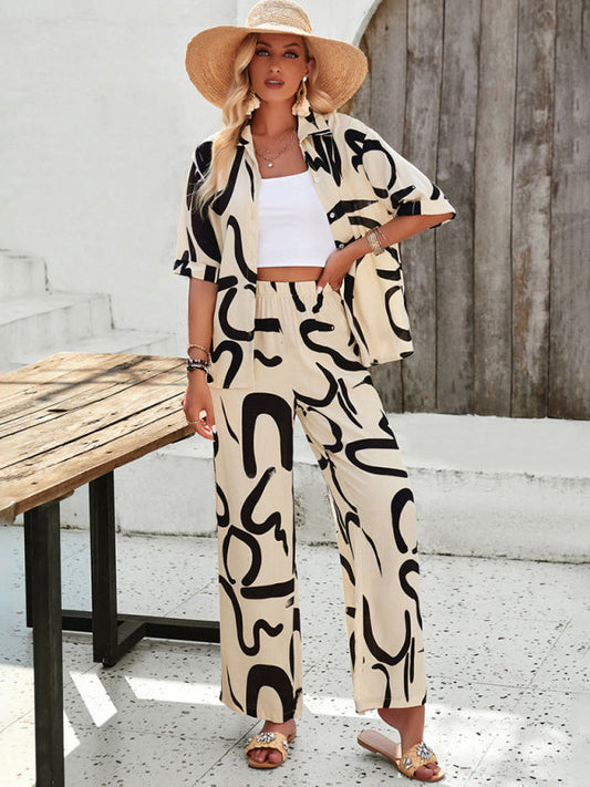 CD | New femei moda casual imprimat rever mânecă scurtă cămașă și pantaloni costum de vacanță