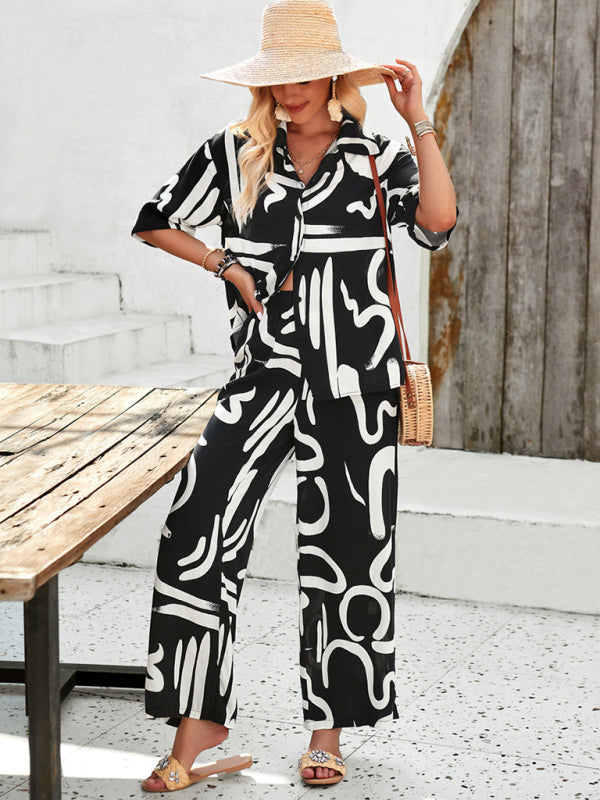 CD | New femei moda casual imprimat rever mânecă scurtă cămașă și pantaloni costum de vacanță