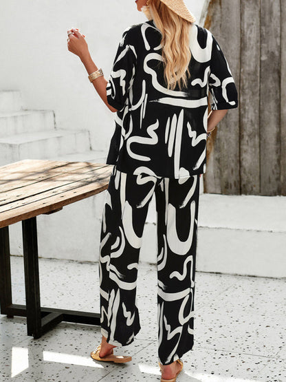 CD | New femei moda casual imprimat rever mânecă scurtă cămașă și pantaloni costum de vacanță