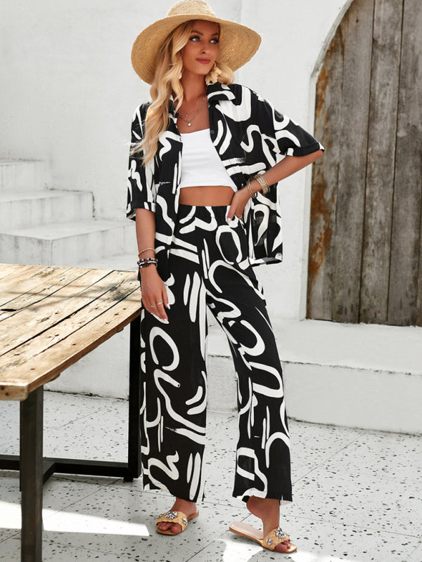 CD | New femei moda casual imprimat rever mânecă scurtă cămașă și pantaloni costum de vacanță