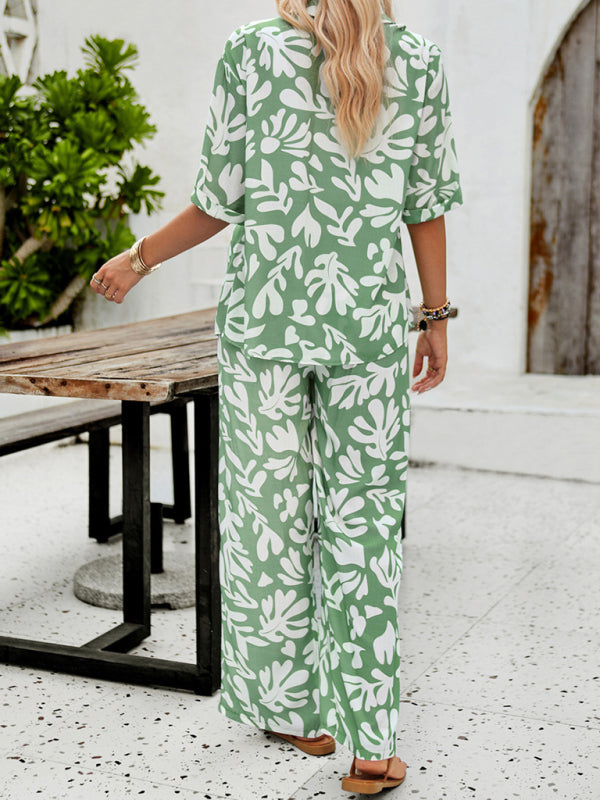 CD | New femei moda casual imprimat rever mânecă scurtă cămașă și pantaloni costum de vacanță