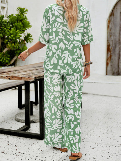 CD | New femei moda casual imprimat rever mânecă scurtă cămașă și pantaloni costum de vacanță