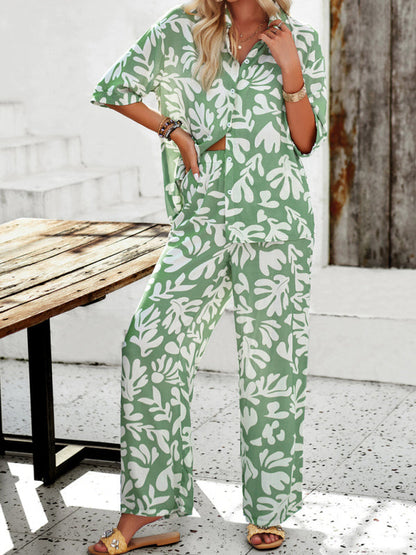 CD | New femei moda casual imprimat rever mânecă scurtă cămașă și pantaloni costum de vacanță