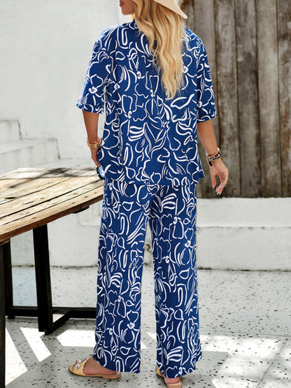 CD | New femei moda casual imprimat rever mânecă scurtă cămașă și pantaloni costum de vacanță