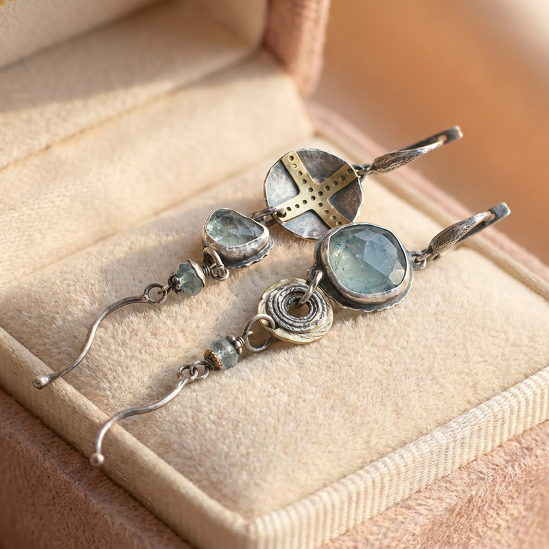 Blue Stone Cross Earrings