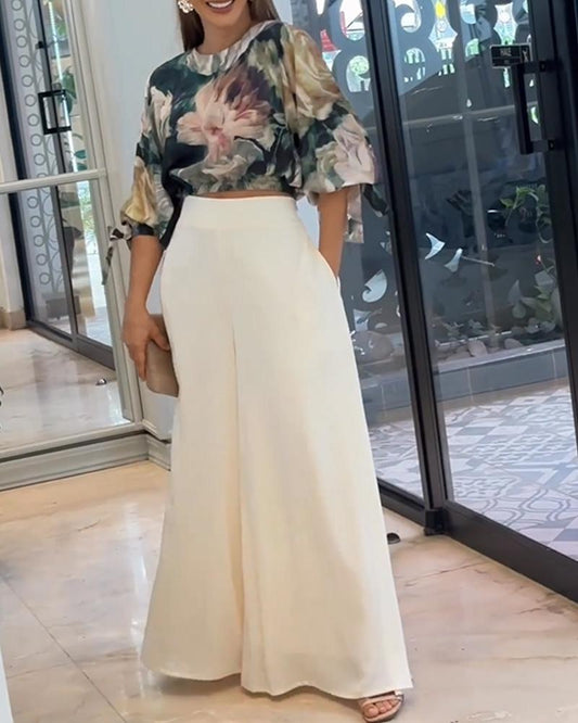 CD | Set de top și pantaloni largi cu imprimeu floral pentru femei