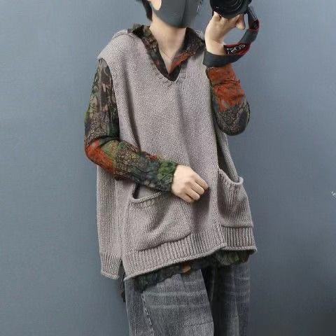 New Loose Large Size Literary Hooded Knit Waistcoat Sweater Coat