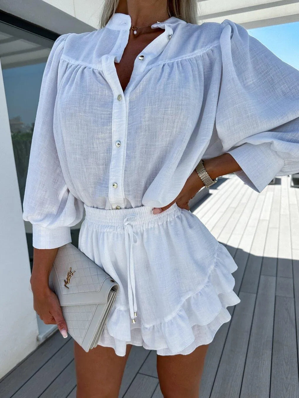 CD | Flirty - Bluză elegantă cu mâneci lungi și pantaloni scurți - perfectă pentru plajă sau terasă