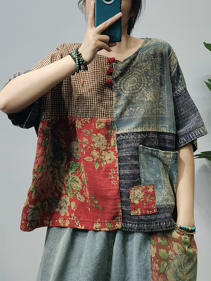 Summer Patchwork Button Pocket Shirt