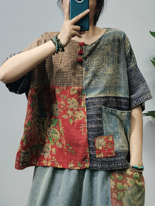 Summer Patchwork Button Pocket Shirt