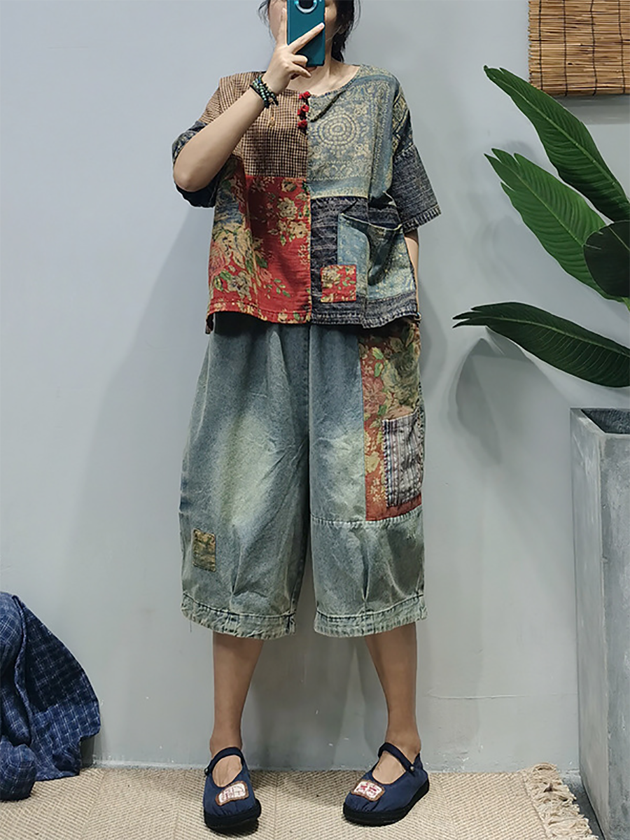 Summer Patchwork Button Pocket Shirt