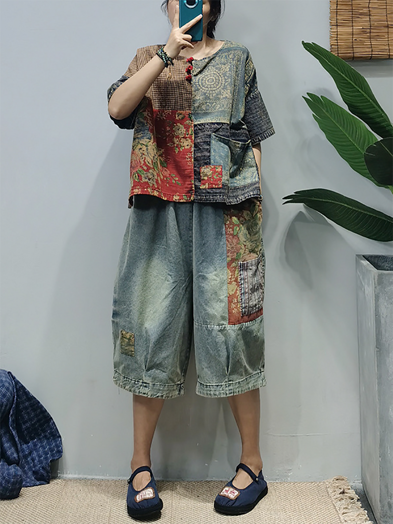Summer Patchwork Button Pocket Shirt