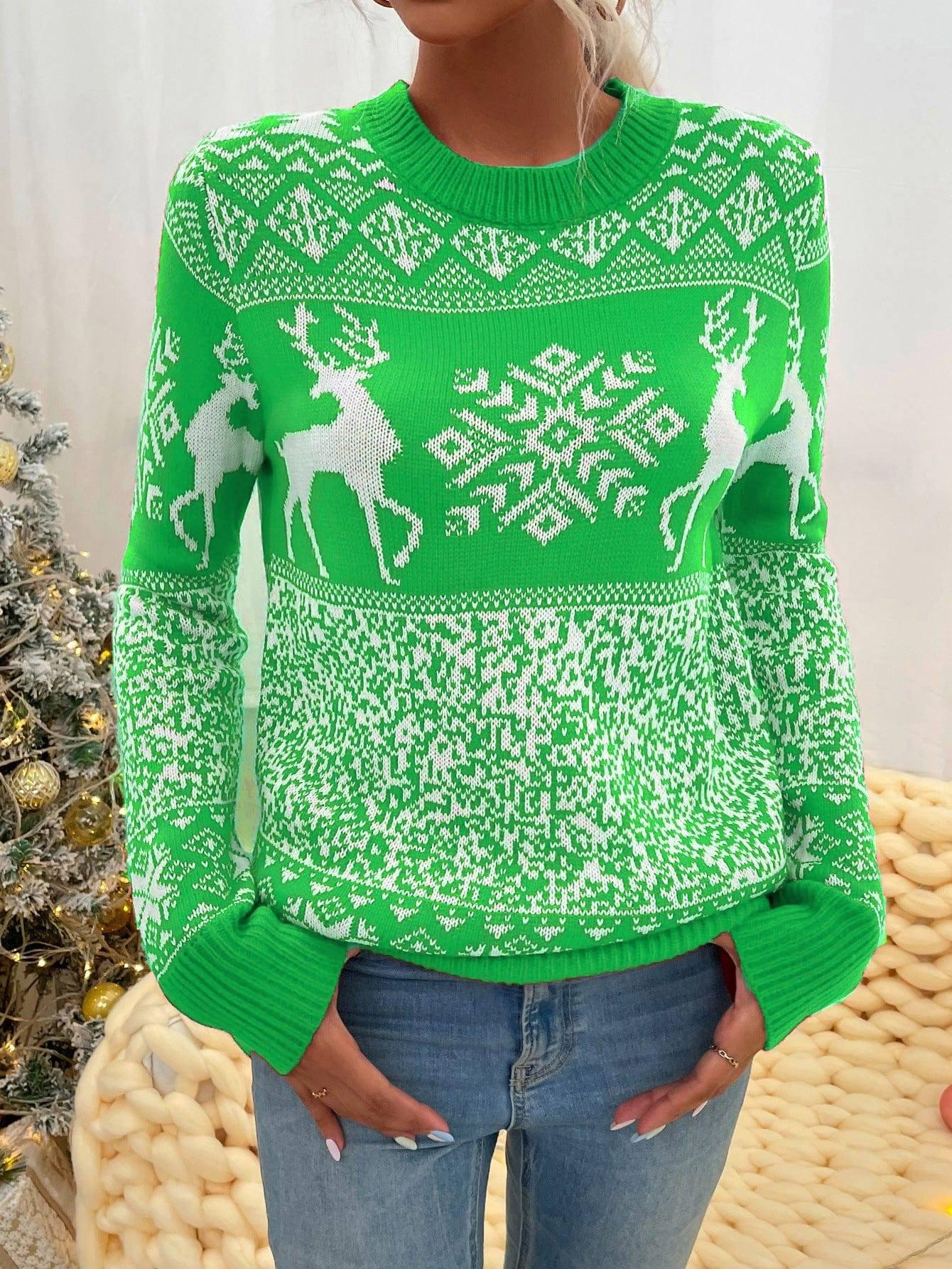 Christmas Woolen Round Neck Long-sleeved Sweater Women's-Red-3