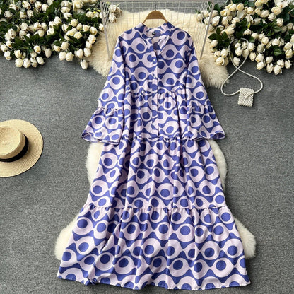 CD | Rochie vintage lungă imprimată cu decolteu în V și mâneci evazate
