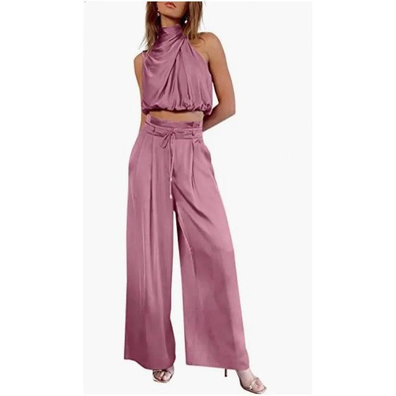 CD | Crop top cu halterneck și set de picioare largi