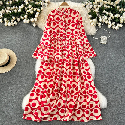 CD | Rochie vintage lungă imprimată cu decolteu în V și mâneci evazate
