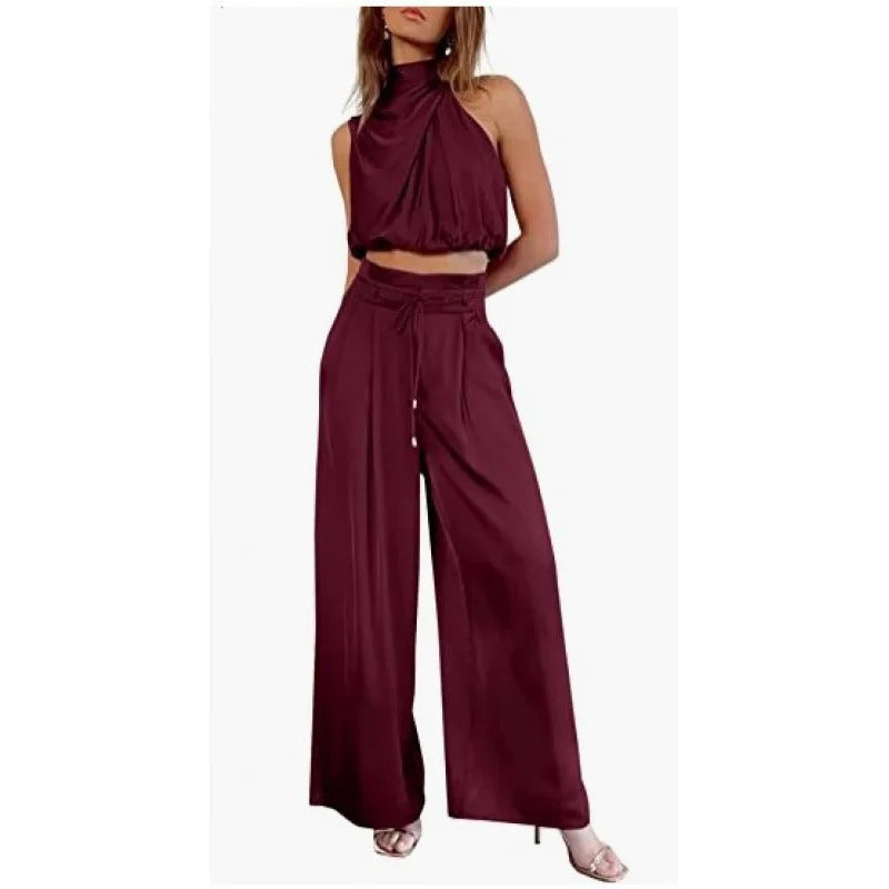 CD | Crop top cu halterneck și set de picioare largi