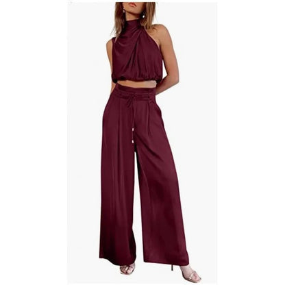CD | Crop top cu halterneck și set de picioare largi