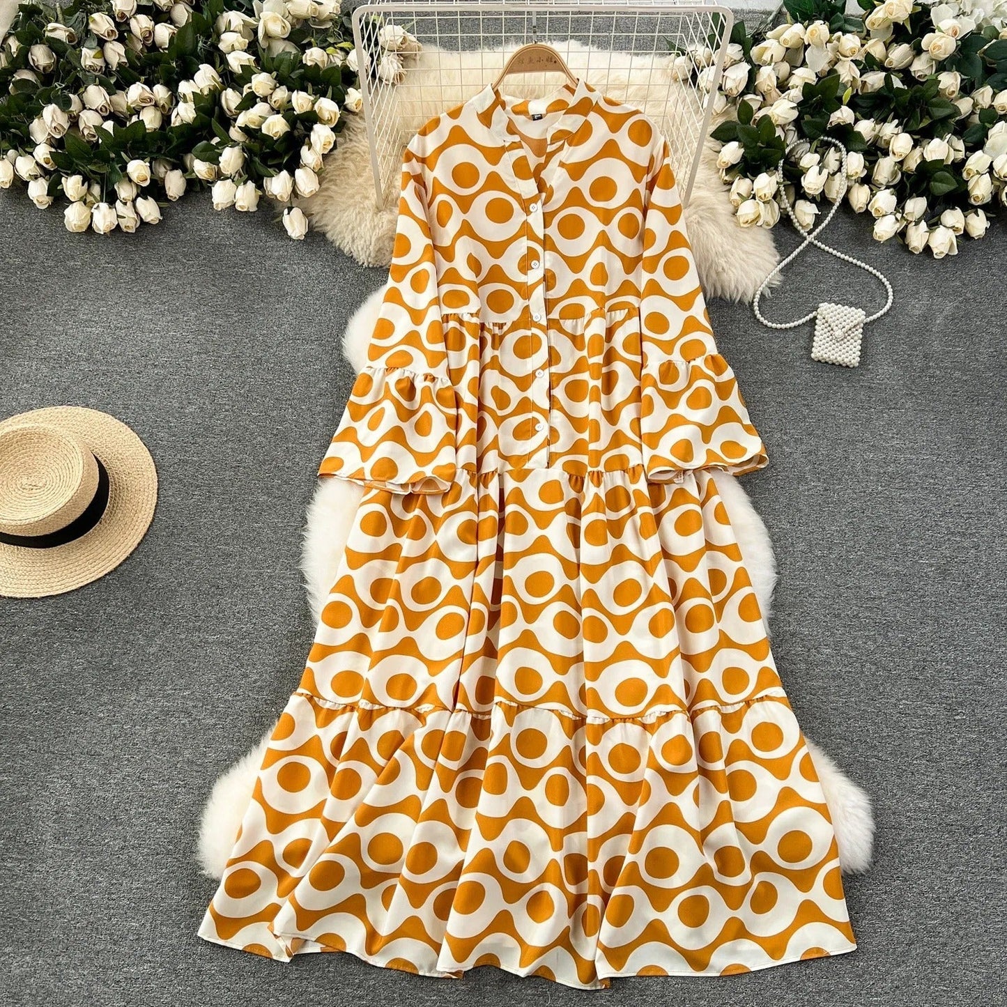 CD | Rochie vintage lungă imprimată cu decolteu în V și mâneci evazate