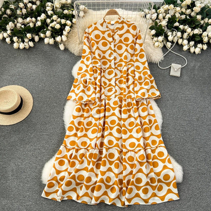 CD | Rochie vintage lungă imprimată cu decolteu în V și mâneci evazate