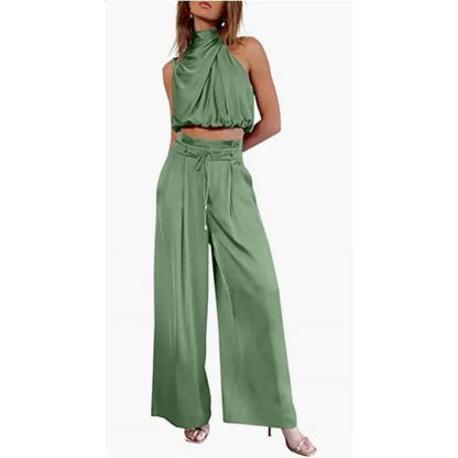 CD | Crop top cu halterneck și set de picioare largi