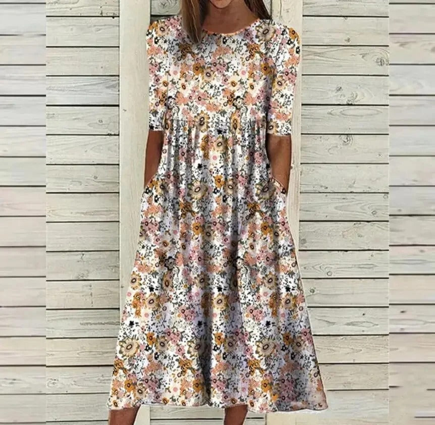CD | Rochie midi imprimată cu decolteu rotund și buzunare