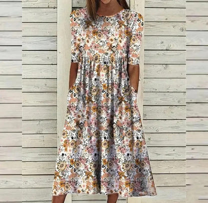 CD | Rochie midi imprimată cu decolteu rotund și buzunare