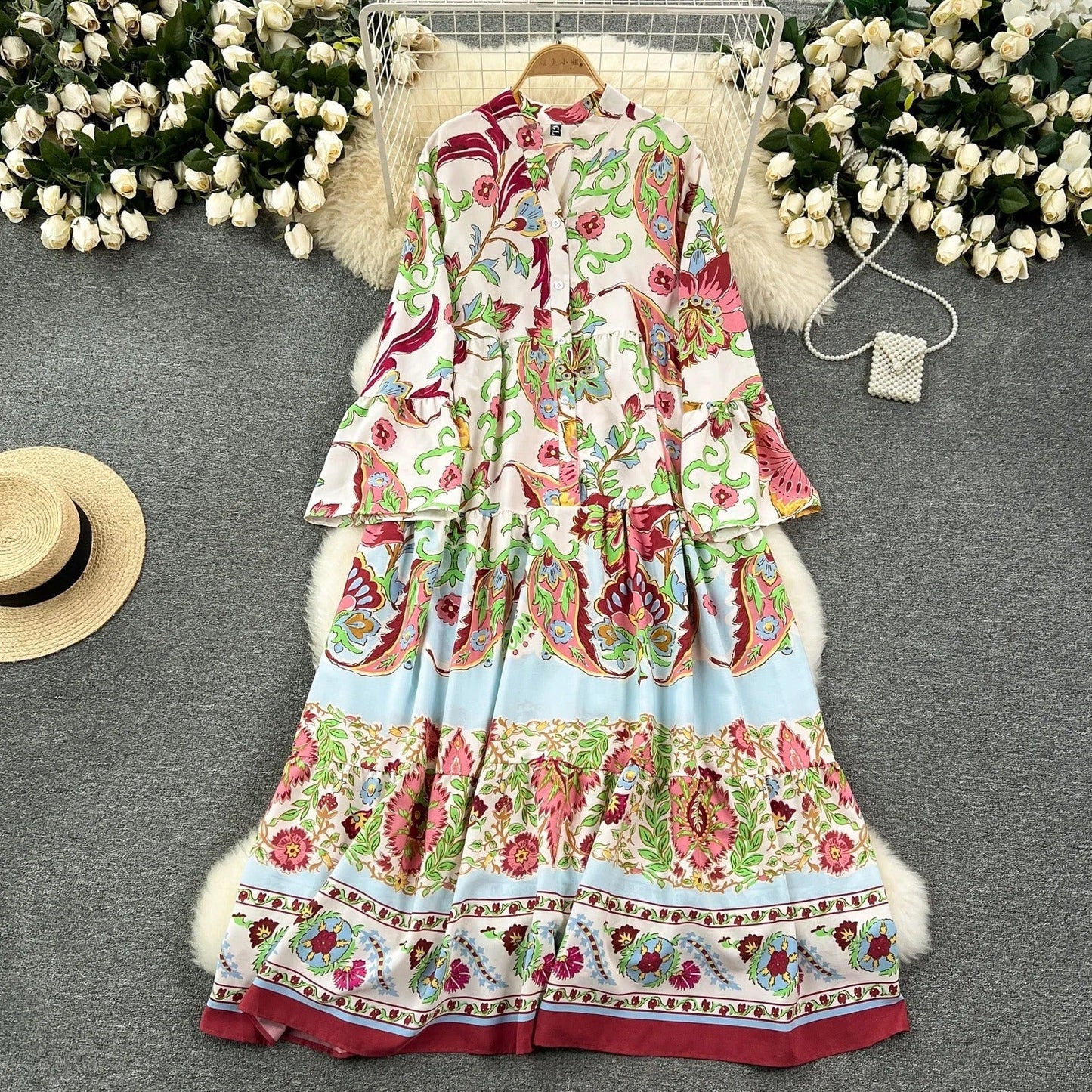 CD | Rochie vintage lungă imprimată cu decolteu în V și mâneci evazate