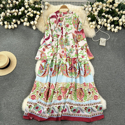 CD | Rochie vintage lungă imprimată cu decolteu în V și mâneci evazate