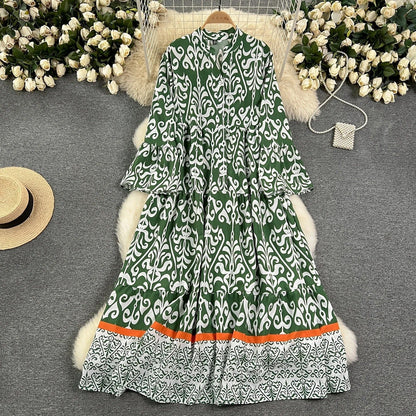 CD | Rochie vintage lungă imprimată cu decolteu în V și mâneci evazate