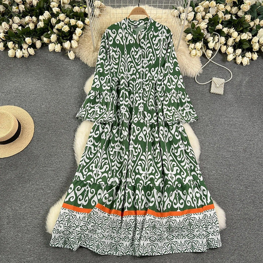 CD | Rochie vintage lungă imprimată cu decolteu în V și mâneci evazate