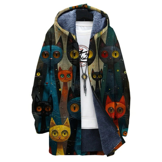 CD | Jachetă cu glugă, căptușită cu fleece, cu imprimeu artistic cu pisici