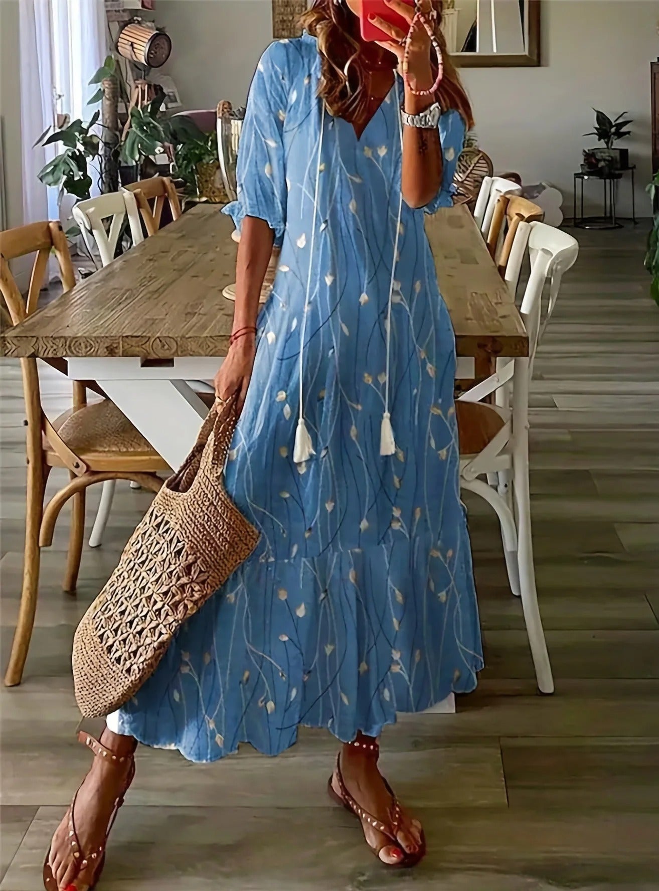 CD | Rochie maxi imprimată cu fundiță