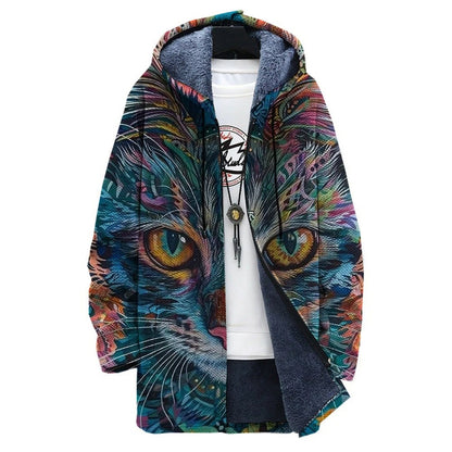 CD | Jachetă cu glugă, căptușită cu fleece, cu imprimeu artistic cu pisici