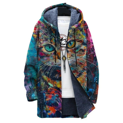 CD | Jachetă cu glugă, căptușită cu fleece, cu imprimeu artistic cu pisici
