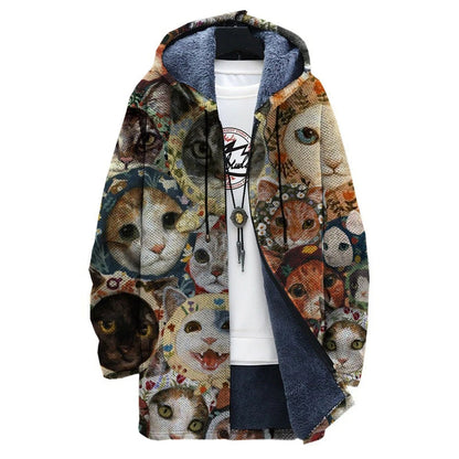 CD | Jachetă cu glugă, căptușită cu fleece, cu imprimeu artistic cu pisici